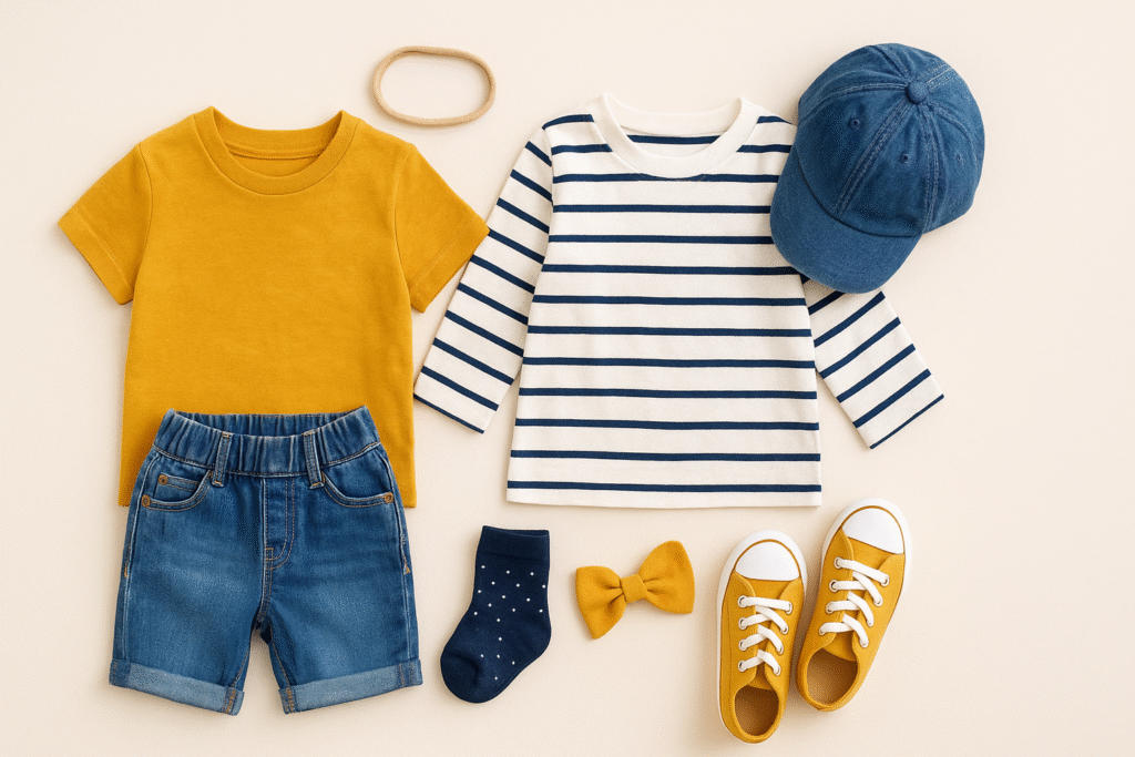 Flat lay of kids’ clothing including a mustard yellow T-shirt, striped long-sleeve shirt, denim shorts, cap, socks, bow, and sneakers on a beige background.