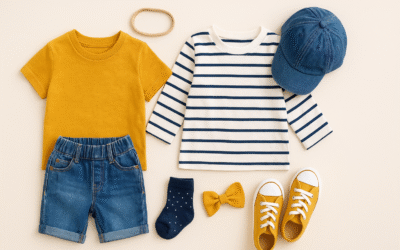 Flat lay of kids’ clothing including a mustard yellow T-shirt, striped long-sleeve shirt, denim shorts, cap, socks, bow, and sneakers on a beige background.