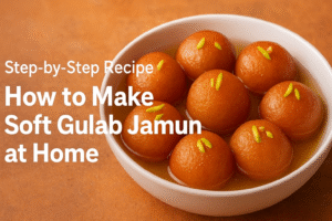 Golden-brown Gulab Jamuns soaked in sugar syrup, garnished with pistachios, served in a white bowl.