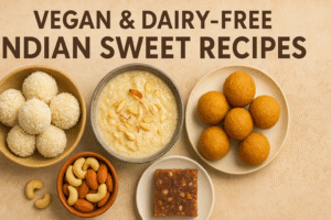 A variety of vegan and dairy-free Indian sweets including coconut ladoos, vegan kheer, besan ladoos, and date barfi, beautifully arranged on a beige background.
