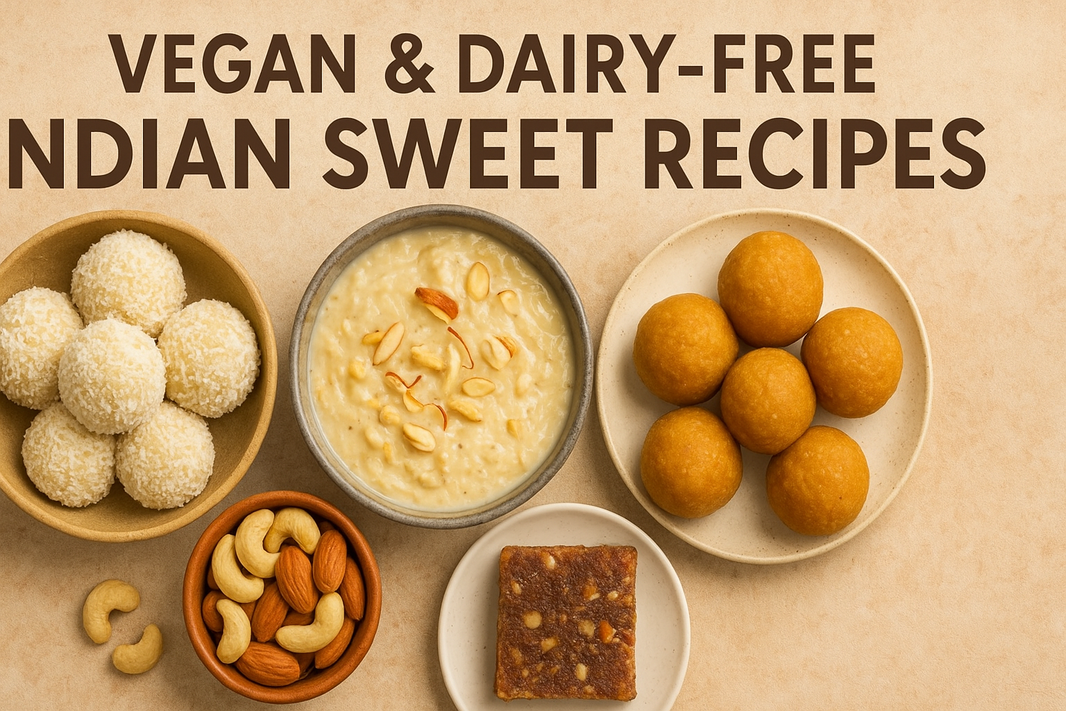 A variety of vegan and dairy-free Indian sweets including coconut ladoos, vegan kheer, besan ladoos, and date barfi, beautifully arranged on a beige background.