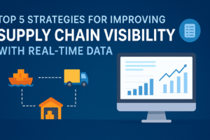 Illustration showing supply chain elements — cargo ship, delivery truck, and warehouse — connected to a computer screen with real-time analytics, representing strategies for supply chain visibility.