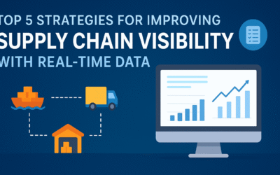 Illustration showing supply chain elements — cargo ship, delivery truck, and warehouse — connected to a computer screen with real-time analytics, representing strategies for supply chain visibility.