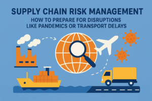 "Illustration of global supply chain risk management showing factory, ship, truck, airplane, and virus icons connected with arrows to depict disruption planning."