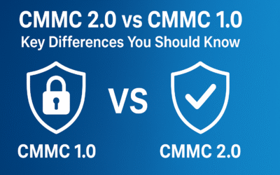 "Visual comparison of CMMC 2.0 vs CMMC 1.0 showing cybersecurity shield icons with a padlock and checkmark, highlighting key differences."
