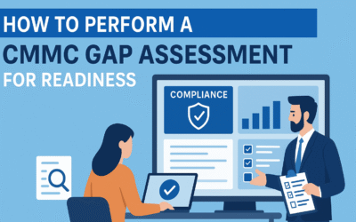 How to Perform a Gap Assessment for CMMC Readiness "Team performing CMMC gap assessment with cybersecurity checklists and compliance dashboard on screen"