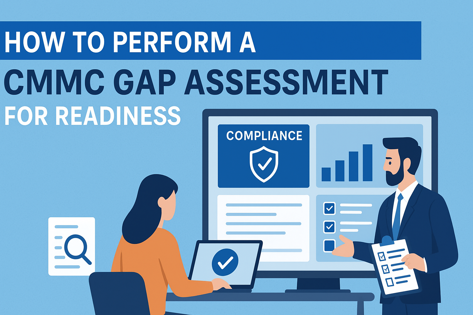 "Team performing CMMC gap assessment with cybersecurity checklists and compliance dashboard on screen"