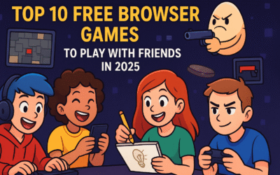 Top 10 Free Browser Games to Play with Friends in 2025 "Group of friends playing free browser games on laptops, tablets, and phones with colorful gaming icons – Top 10 Free Browser Games to Play with Friends in 2025"
