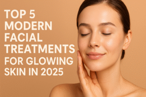 Woman with glowing skin enjoying a modern facial treatment on warm beige background