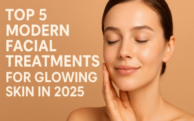 Woman with glowing skin enjoying a modern facial treatment on warm beige background