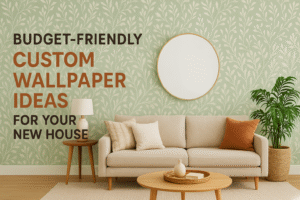 Cozy living room with green botanical wallpaper, beige sofa, and wooden decor – representing budget-friendly custom wallpaper ideas.