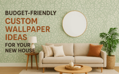 Cozy living room with green botanical wallpaper, beige sofa, and wooden decor – representing budget-friendly custom wallpaper ideas.