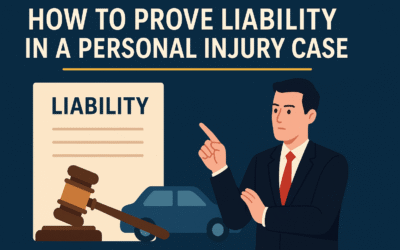 How to Prove Liability in a Personal Injury Case: A Complete Guide Illustration of a lawyer pointing at a liability document with a gavel and car, symbolizing proving liability in a personal injury case.