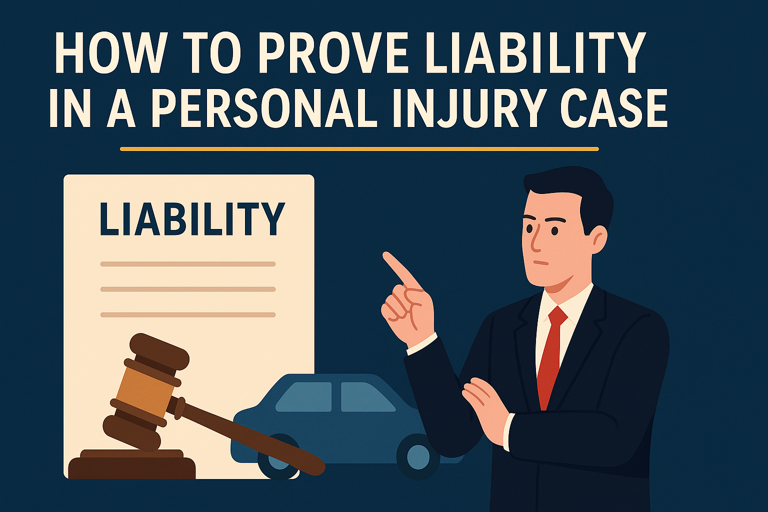 Illustration of a lawyer pointing at a liability document with a gavel and car, symbolizing proving liability in a personal injury case.