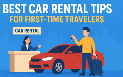 Illustration of a smiling traveler holding car keys next to a red rental car, assisted by a rental agent at the counter
