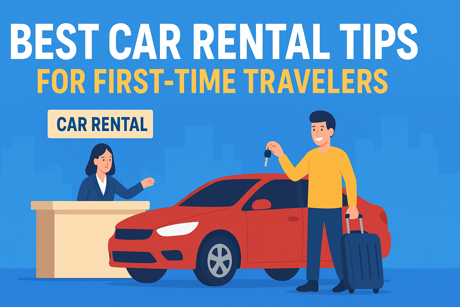 Illustration of a smiling traveler holding car keys next to a red rental car, assisted by a rental agent at the counter