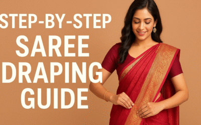 Smiling woman in a red saree demonstrating step-by-step saree draping technique on a beige background with text overlay.