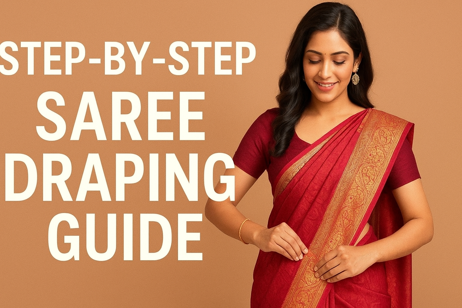 Smiling woman in a red saree demonstrating step-by-step saree draping technique on a beige background with text overlay.