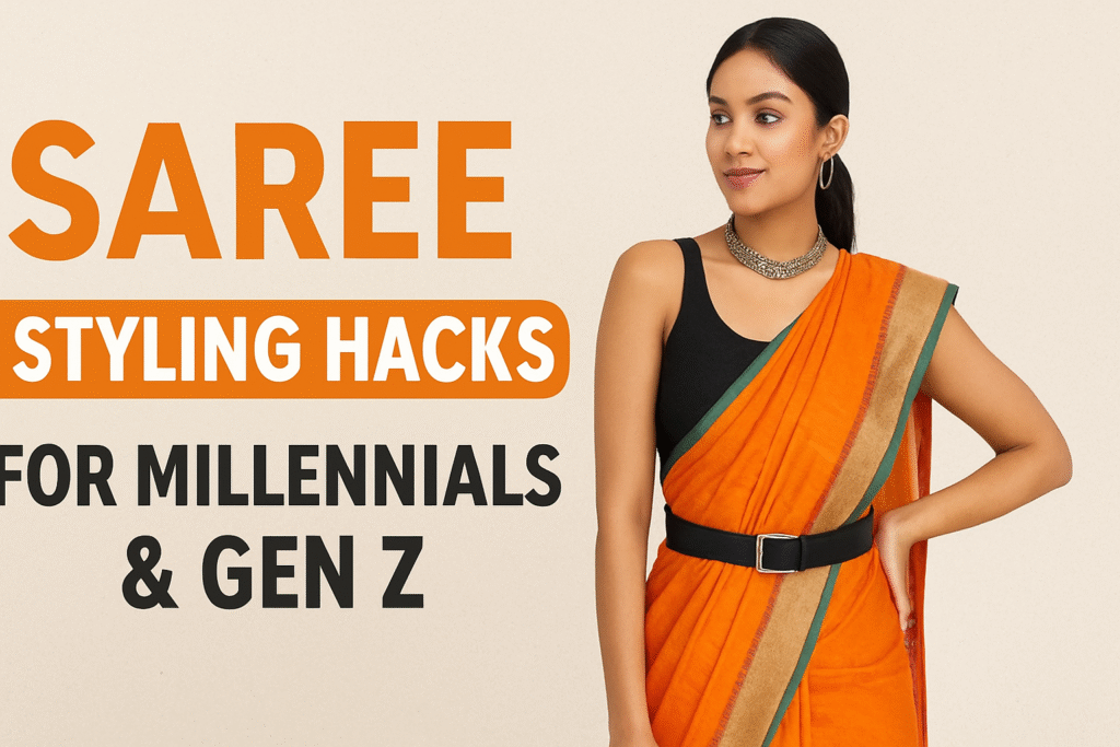 Modern millennial woman wearing an orange saree with a black blouse and belt, showcasing trendy saree styling hacks for Gen Z.