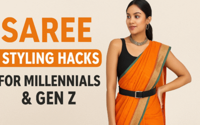 Saree Styling Hacks for Millennials and Gen Z: Look Trendy in 2025 Modern millennial woman wearing an orange saree with a black blouse and belt, showcasing trendy saree styling hacks for Gen Z.