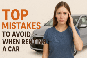Worried young woman standing near a silver rental car with bold text saying “Top Mistakes to Avoid When Renting a Car.”