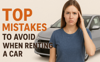Worried young woman standing near a silver rental car with bold text saying “Top Mistakes to Avoid When Renting a Car.”