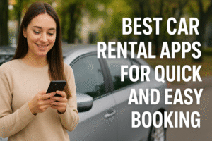 Smiling young woman using a smartphone beside a silver car, promoting the best car rental apps for quick and easy booking.