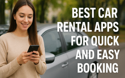 Best Car Rental Apps for Quick and Easy Booking in 2025 Smiling young woman using a smartphone beside a silver car, promoting the best car rental apps for quick and easy booking.