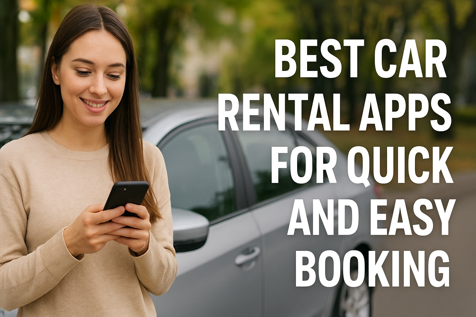 Smiling young woman using a smartphone beside a silver car, promoting the best car rental apps for quick and easy booking.
