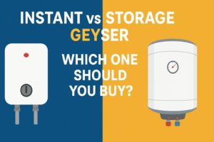 "Side-by-side comparison of instant geyser and storage geyser with text 'Which One Should You Buy?' on a split blue and yellow background."