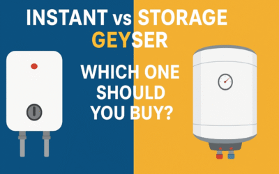 "Side-by-side comparison of instant geyser and storage geyser with text 'Which One Should You Buy?' on a split blue and yellow background."
