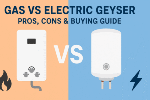 "Gas vs Electric Geyser comparison illustration showing a gas geyser with flame icon and electric geyser with lightning bolt icon side by side."