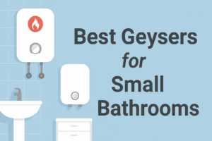 "Compact geyser illustration in a small bathroom setup with sink and cabinet, showcasing the title Best Geysers for Small Bathrooms."