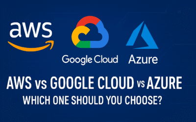"Side-by-side comparison of AWS, Google Cloud, and Azure logos on a blue tech-themed background with the title AWS vs Google Cloud vs Azure."