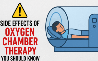 Side Effects of Oxygen Chamber Therapy You Should Know "Person inside hyperbaric oxygen chamber with a warning sign highlighting possible side effects of therapy"