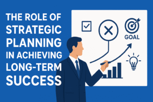 Illustration of a business professional presenting a strategic plan with charts, goals, and growth symbols on a board, representing long-term success planning.