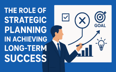 Illustration of a business professional presenting a strategic plan with charts, goals, and growth symbols on a board, representing long-term success planning.