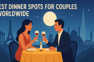 Romantic illustration of a couple enjoying a candlelit dinner under the moonlight with iconic global landmarks like the Eiffel Tower and Burj Khalifa in the background.
