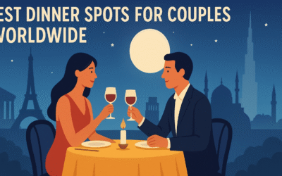 Romantic illustration of a couple enjoying a candlelit dinner under the moonlight with iconic global landmarks like the Eiffel Tower and Burj Khalifa in the background.