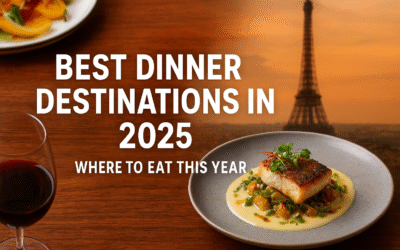 Best dinner destinations in 2025 – elegant dinner table with wine, gourmet dish, and Eiffel Tower at sunset.