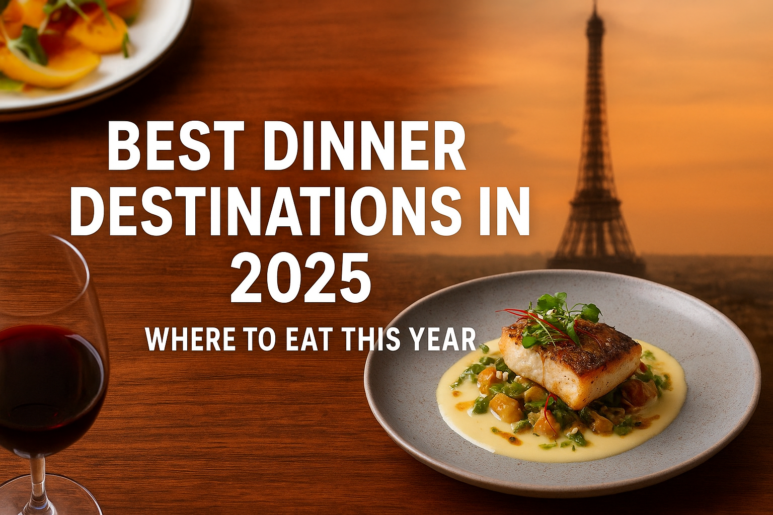 Best dinner destinations in 2025 – elegant dinner table with wine, gourmet dish, and Eiffel Tower at sunset.