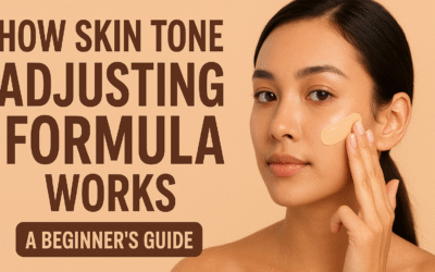 "Young woman applying skin tone adjusting cream on her cheek, demonstrating how tone-adjusting formula works, on a beige background."