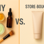 "Side-by-side comparison of DIY skin tone adjusting formula ingredients and a store-bought cream on a beige background with VS in the center."