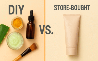 "Side-by-side comparison of DIY skin tone adjusting formula ingredients and a store-bought cream on a beige background with VS in the center."