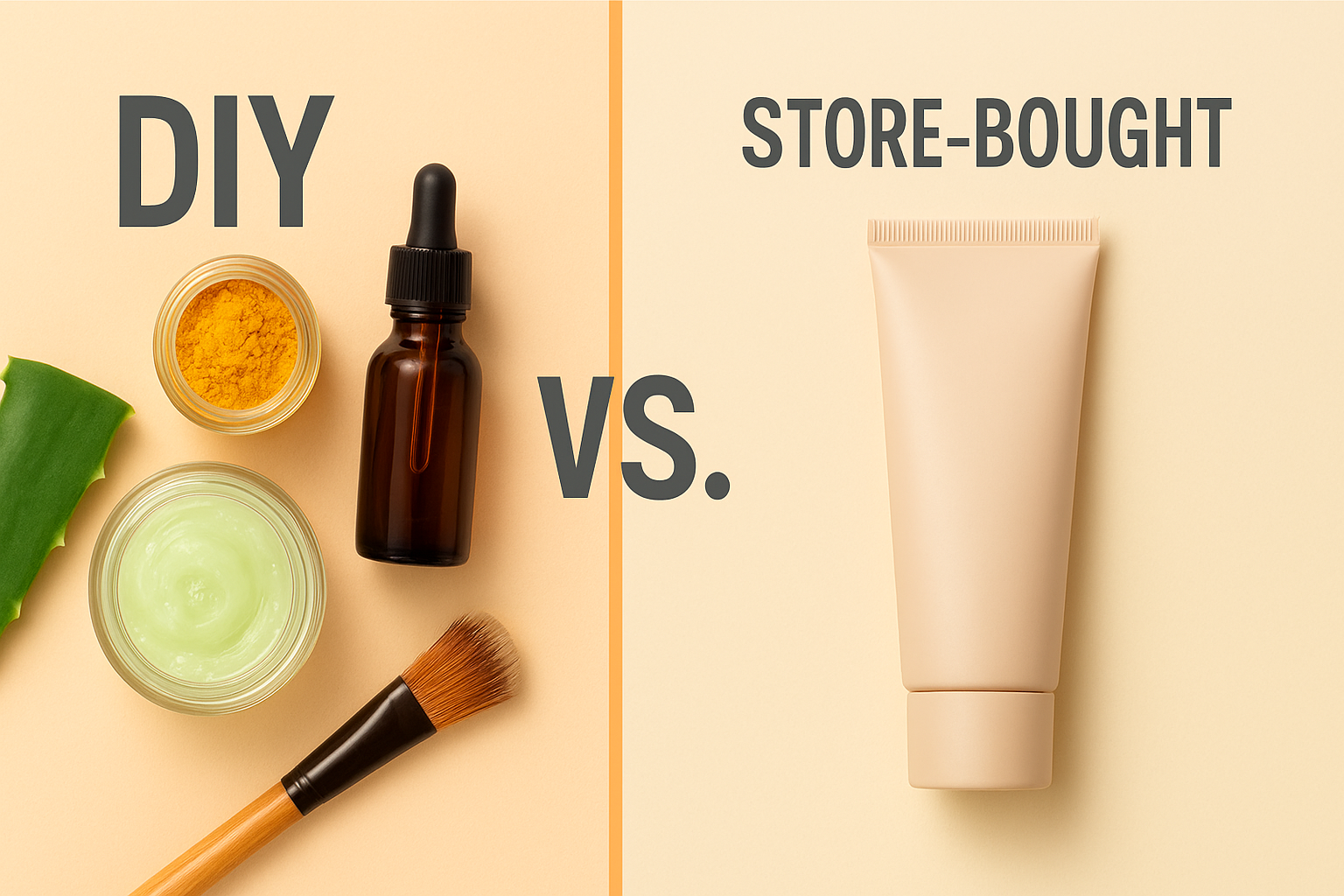"Side-by-side comparison of DIY skin tone adjusting formula ingredients and a store-bought cream on a beige background with VS in the center."