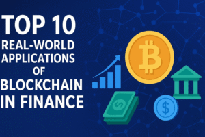 "Top 10 real-world applications of blockchain in finance with Bitcoin, bank, money, and growth chart icons on a digital network background"