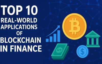 "Top 10 real-world applications of blockchain in finance with Bitcoin, bank, money, and growth chart icons on a digital network background"