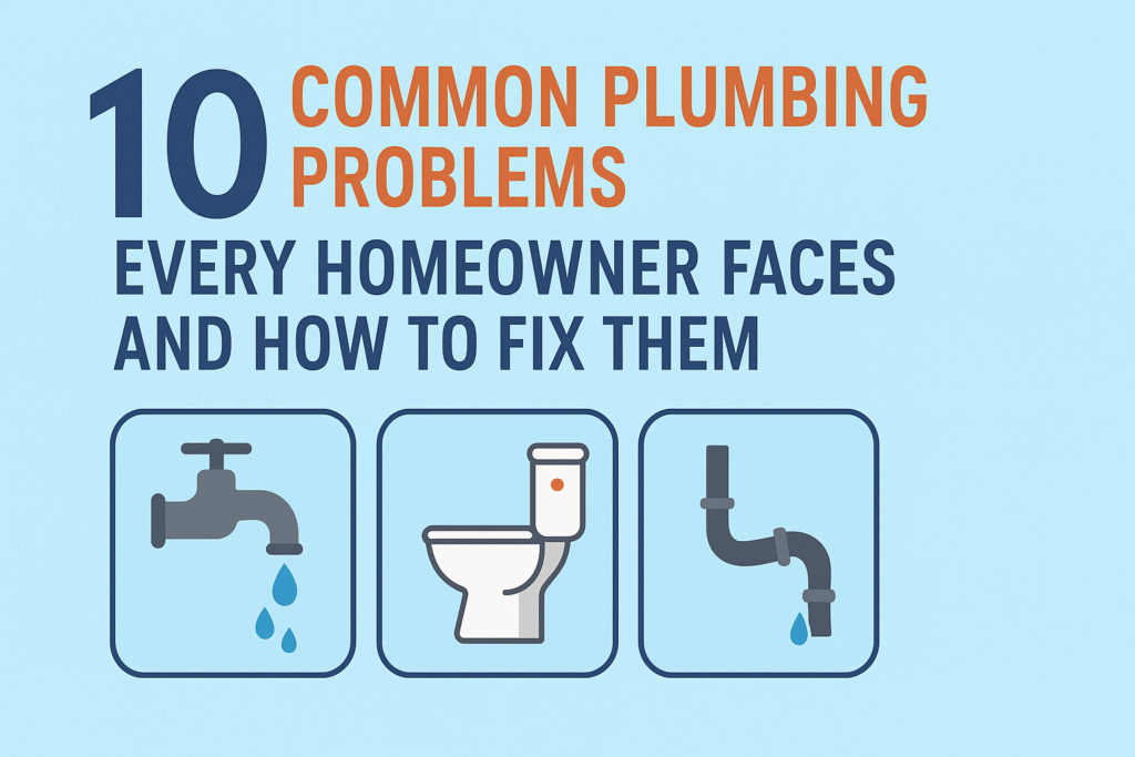 Illustration showing common plumbing problems like leaky faucets, clogged pipes, and running toilets with the title “10 Common Plumbing Problems Every Homeowner Faces and How to Fix Them.”