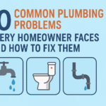 Illustration showing common plumbing problems like leaky faucets, clogged pipes, and running toilets with the title “10 Common Plumbing Problems Every Homeowner Faces and How to Fix Them.”