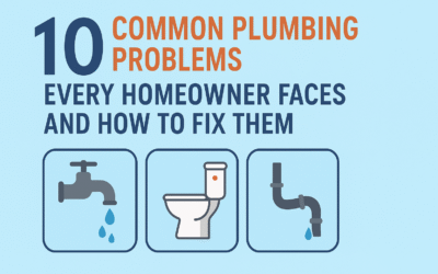 Illustration showing common plumbing problems like leaky faucets, clogged pipes, and running toilets with the title “10 Common Plumbing Problems Every Homeowner Faces and How to Fix Them.”